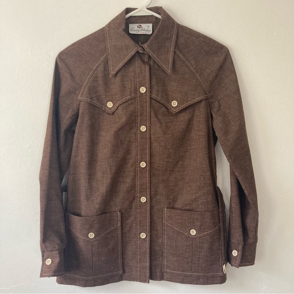 Vintage 70s Western Shirt Jacket Shacket Sharp Collar Brown Size Small - Picture 7 of 7